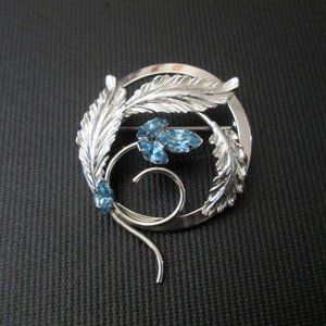 Vintage Star Art Sterling Silver Brooch Round Leaves Blue Rhinestones Pin Signed